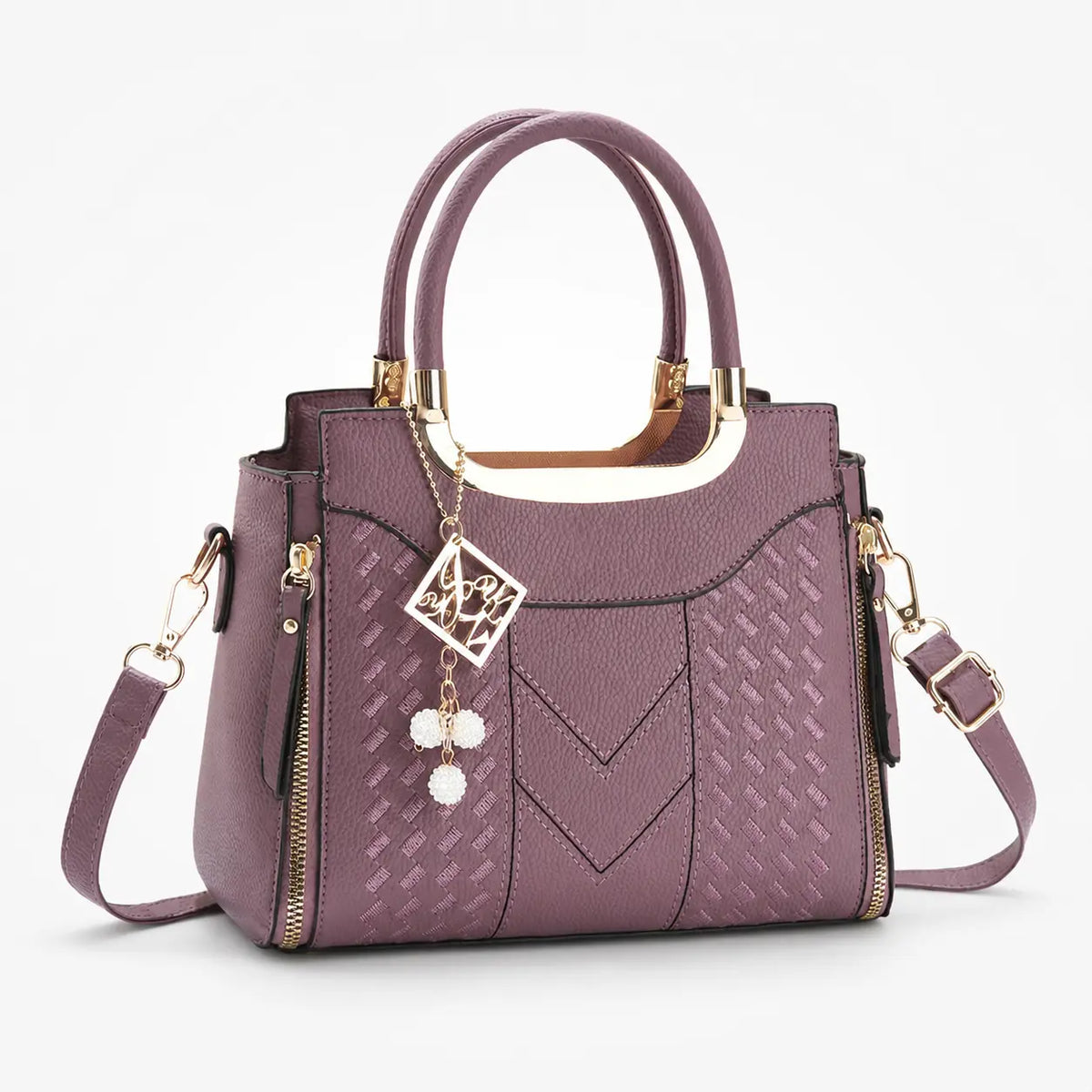 Structured Top Handle Satchel with Crossbody Strap, V-Stitch, Gold Hardware