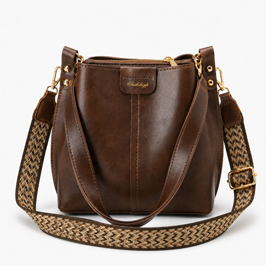 Vintage Bucket Shoulder Bag with Woven Strap