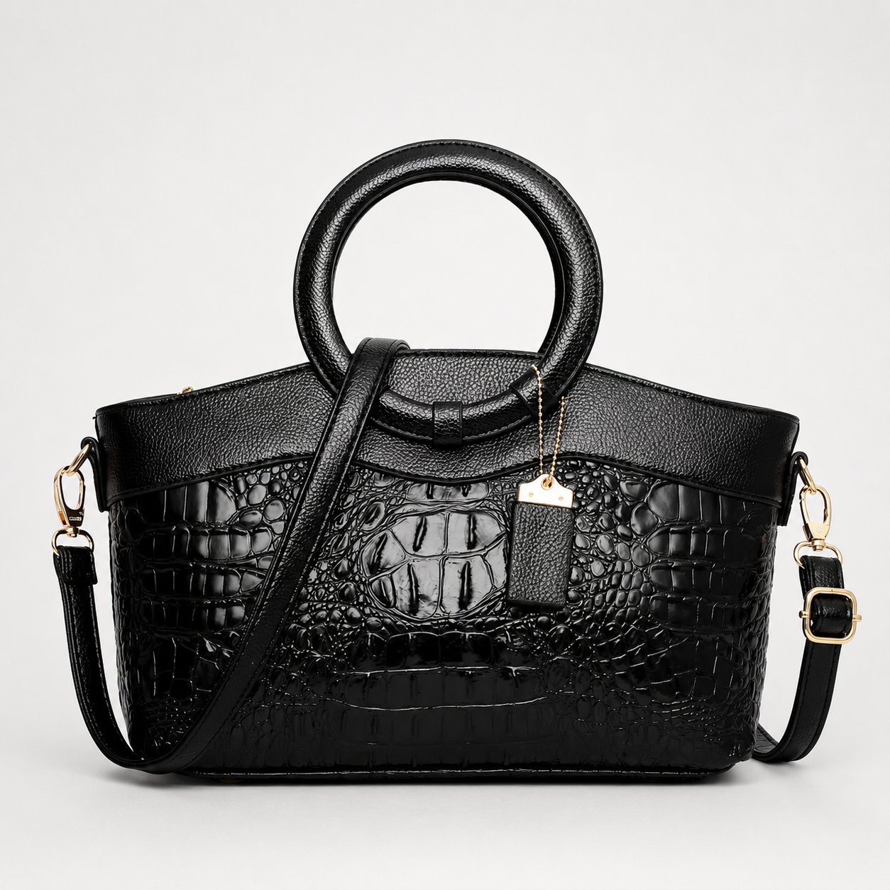 Croc-Embossed Round Handle Convertible Tote