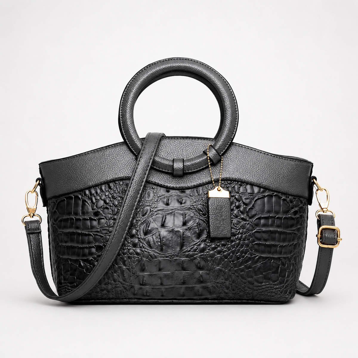 Croc-Embossed Round Handle Convertible Tote
