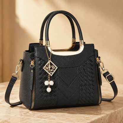 Structured Top Handle Satchel with Crossbody Strap, V-Stitch, Gold Hardware
