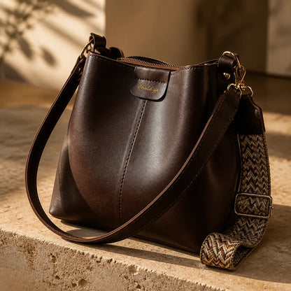 Vintage Bucket Shoulder Bag with Woven Strap