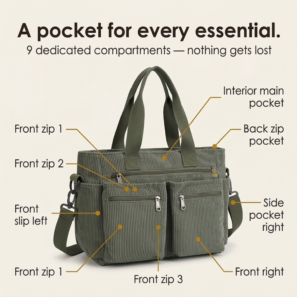 Multi Pocket Corduroy Shoulder Bag