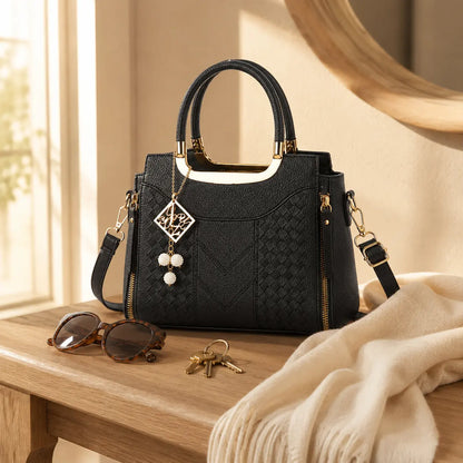 Structured Top Handle Satchel with Crossbody Strap, V-Stitch, Gold Hardware