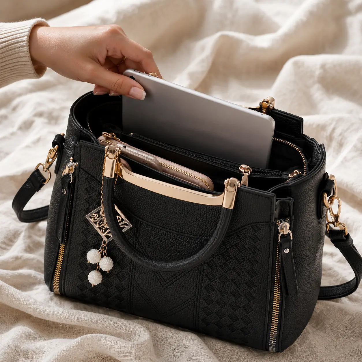 Structured Top Handle Satchel with Crossbody Strap, V-Stitch, Gold Hardware