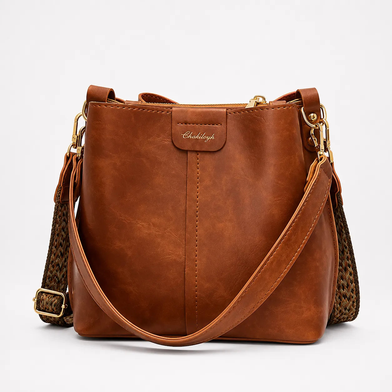 Vintage Bucket Shoulder Bag with Woven Strap