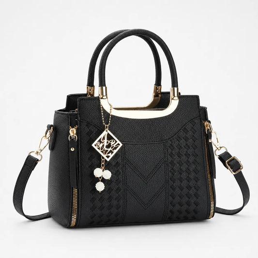 Structured Top Handle Satchel with Crossbody Strap, V-Stitch, Gold Hardware