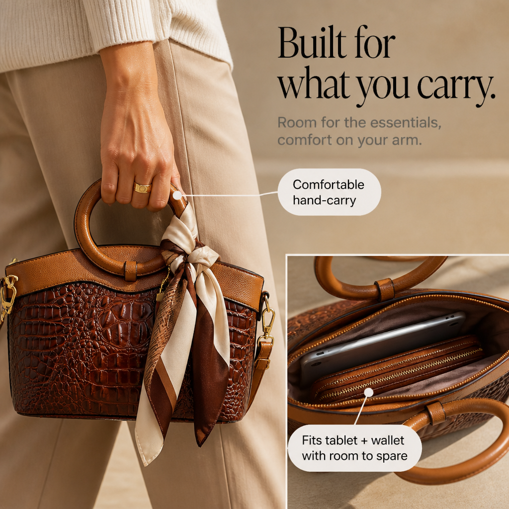 Croc-Embossed Round Handle Convertible Tote