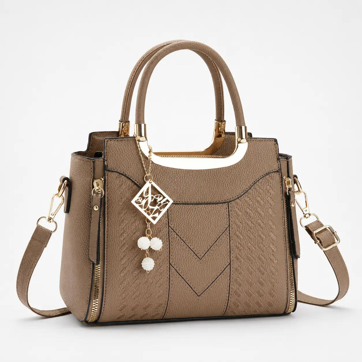 Structured Top Handle Satchel with Crossbody Strap, V-Stitch, Gold Hardware