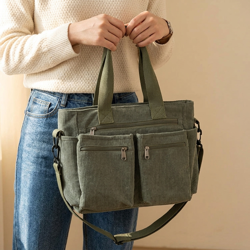 Multi Pocket Corduroy Shoulder Bag