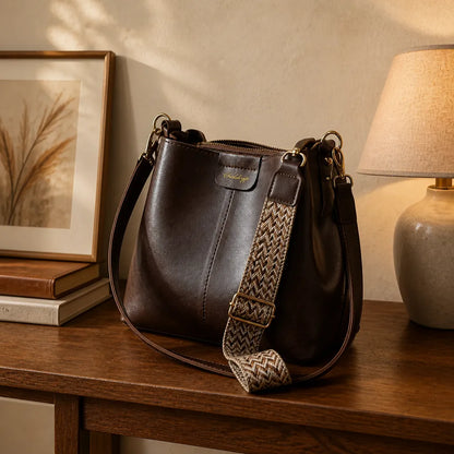 Vintage Bucket Shoulder Bag with Woven Strap